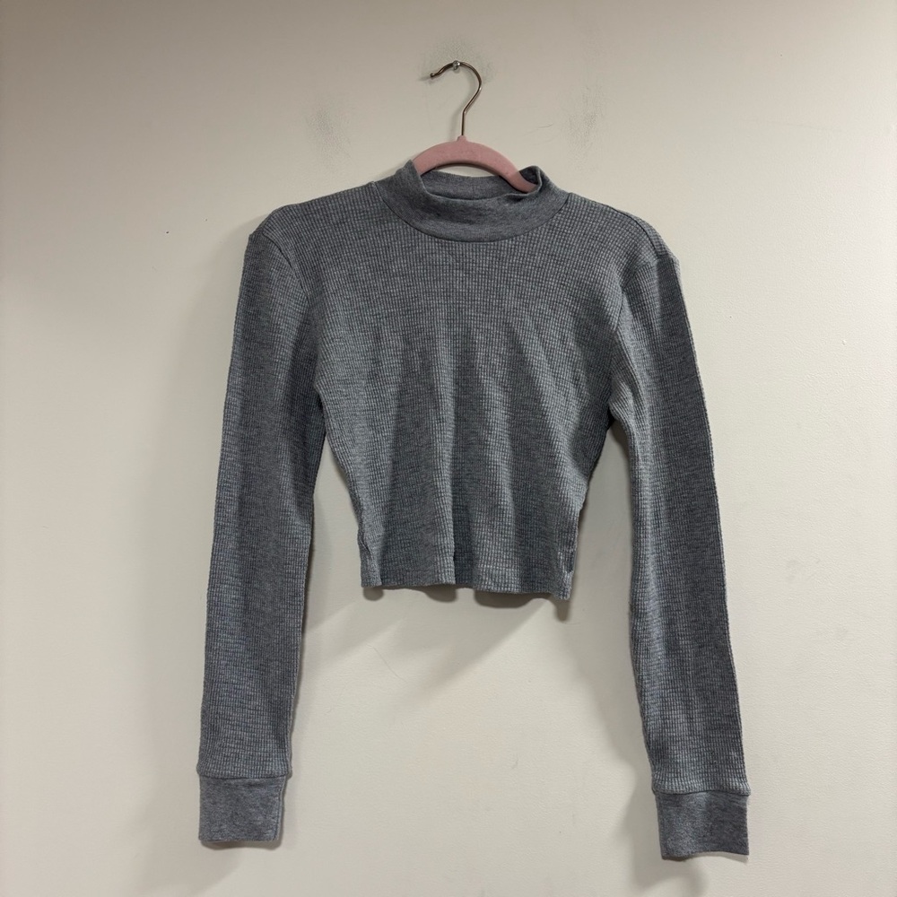 Aritzia TNA Gray Fitted Crop waffle shirt